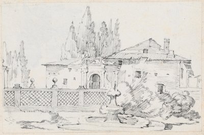 Casa e árvores em uma parede de jardim de Joseph Marie Vien