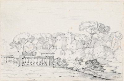 Terraço perto de um rio com uma vila e árvores além de Joseph Marie Vien