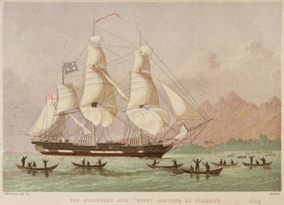O navio missionário "Duff" chega a Otaheite em 1797 de Joseph Martin Kronheim