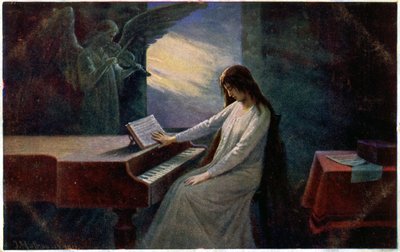 Música. O último acorde. A senhora moribunda ao piano. Ilustração de Josef Mathauser, República Checa, c.1910 (cartão postal) de Joseph Mathauser