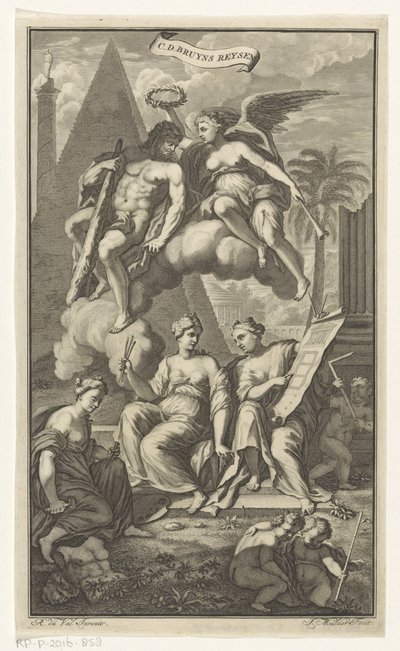 Hércules coroado por Vitória CD. Bruyns Reysen (título no objeto) Página de rosto para: Cornelis de Bruyn, Reizen, 1698 de Joseph Mulder
