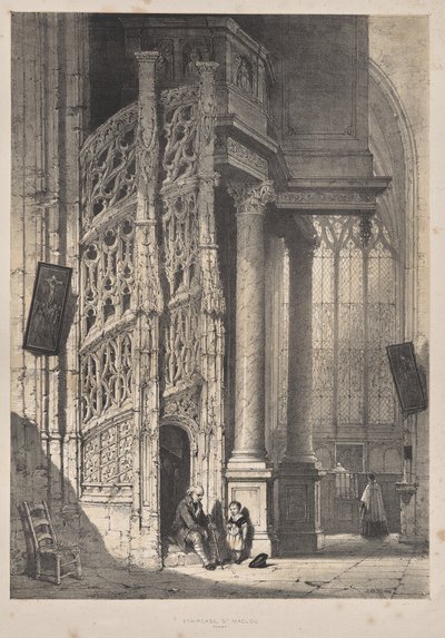 Arquitetura da Idade Média: Escadaria, St. Maclou, Rouen de Joseph Nash