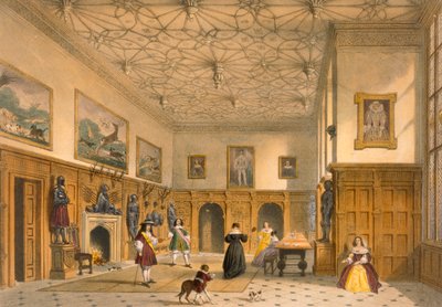 Jogo de bastões no Grand Hall, Parham Park, Sussex, cerca de 1600 de &39;Architecture of the Middle Ages&39;, publicado em 1838 de Joseph Nash