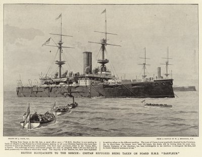 Casacos-azuis britânicos para o resgate, refugiados cretenses sendo levados a bordo do HMS Barfleur de Joseph Nash