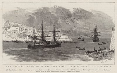 HMS Sultan, escoltado pelo Temeraire, deixando Malta para Portsmouth de Joseph Nash