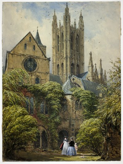 Professor, mulher, criança e cachorro na Catedral Close de Joseph Nash