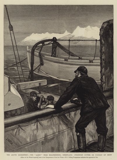 A Expedição Ártica, o Alerta perto de Holsteinborg, Groenlândia, Sternpost Cutter ou Ice-Boat em Skids de Joseph Nash