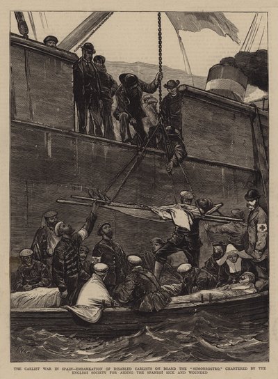 A Guerra Carlista na Espanha, Embarque de Carlists Deficientes a bordo do Somorrostro, fretado pela Sociedade Inglesa para ajudar os Espanhóis doentes e feridos de Joseph Nash