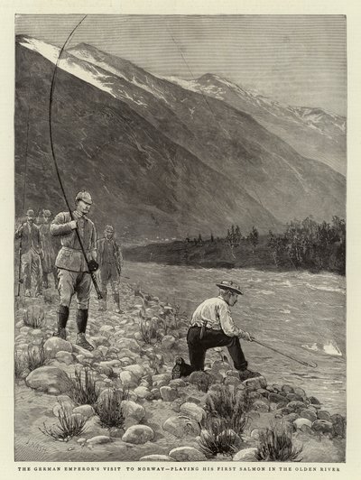 Visita do imperador alemão à Noruega, tocando seu primeiro salmão no rio Olden de Joseph Nash