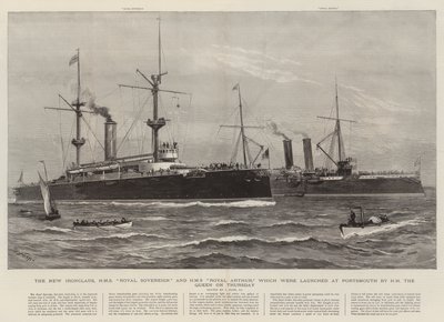 Os Novos Ironclads, o HMS Royal Sovereign e o HMS Royal Arthur que foram lançados em Portsmouth por HM the Queen na quinta-feira de Joseph Nash