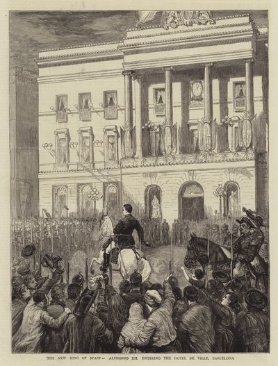 O novo rei da Espanha, Alphonso XII entrar no Hotel de Ville, Barcelona de Joseph Nash