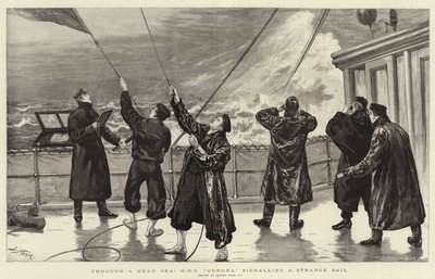 Através de um mar principal, HMS Aurora sinalizando uma vela estranha de Joseph Nash