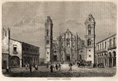 A Catedral de Havana, Cuba, desenho de Navlet para ilustrar a viagem à ilha de Cuba, em 1859, de Richard Dana (1815-1882). Gravura em "Le tour du monde, nouveau journal des voyages" Paris de Joseph Navlet