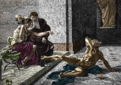 Representação do envenenador romano Locust tentando ao lado do Imperador Nero (37-68) um veneno destinado ao seu irmão Britannicus (41-55) sobre um dos seus escravos, 55 Gravura após uma pintura de Joseph-Noel Sylvestre (1847-1926) 1876 (envenenador romano de Joseph Noel (after) Sylvestre