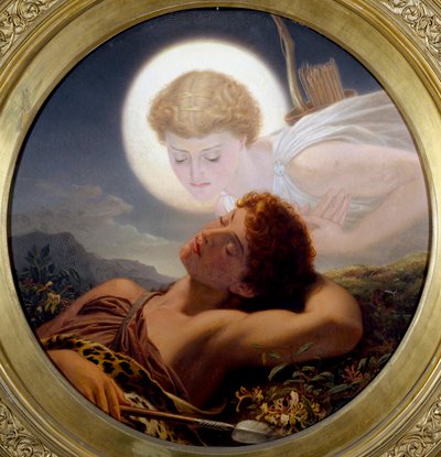 "O sonho de Latmos" evoca o mito de Endimião, um caçador de grande beleza que dormia para sempre e que Zeus tinha adormecido para Selene, que, apaixonada por ele, queria preservar a sua juventude. Pintura de Joseph Noel Paton (1821-1901) (pré-rafaelita) de Joseph Noel Paton