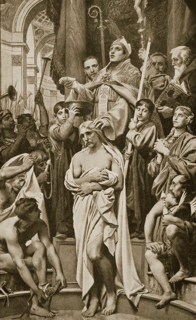 O Batismo de Clovis, Reims, 496 dC, ilustração da "História das Nações de Hutchinson", 1915 de Joseph Paul Blanc