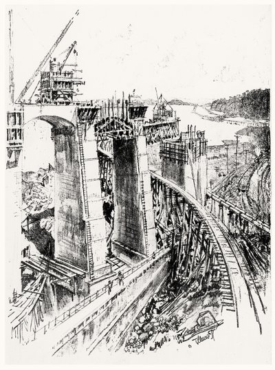 Abordagens para o fechamento de Gatun, placa VI do canal do Panamá por Joseph Pennell, 1912 (carvão vegetal no papel) de Joseph Pennell