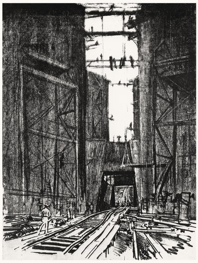 Na parte inferior da eclusa de Gatun, placa IV do Canal do Panamá por Joseph Pennell, 1912 (carvão sobre papel) de Joseph Pennell