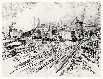 Edifício Miraflores Bloqueio, placa XXI do Canal do Panamá por Joseph Pennell, 1912 (carvão sobre papel) de Joseph Pennell