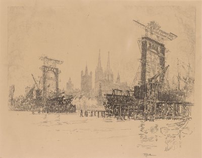 Construção da ponte, em Colónia de Joseph Pennell