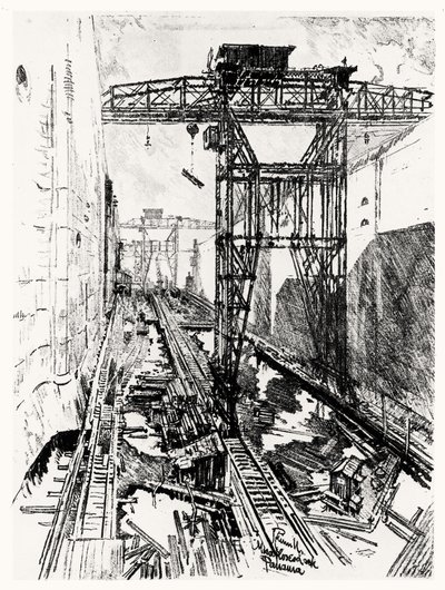 Guindastes no bloqueio de Miraflores, placa XXII do Canal do Panamá por Joseph Pennell, 1912 (carvão sobre papel) de Joseph Pennell