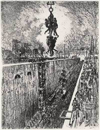 Fim do dia: Eclusa de Gatun, placa VII do "Canal do Panamá", de Joseph Pennell de Joseph Pennell
