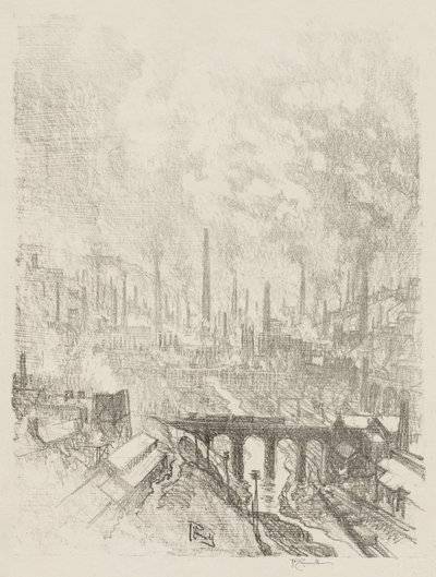 Trabalho de Guerra Inglês: Munitions City, No. 1 de Joseph Pennell
