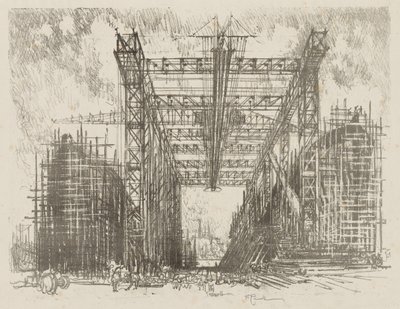 Trabalho de Guerra Inglês: The Gantry (A Merchant Shipyard) de Joseph Pennell