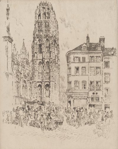 Mercado de Flores e Torre da Manteiga, Rouen, 1907. de Joseph Pennell