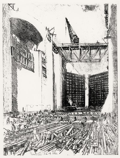 Colocação do Chão: Pedro Miguel Lock, prato XVIII do Canal do Panamá por Joseph Pennell, 14 de fevereiro de 1912 (carvão) de Joseph Pennell