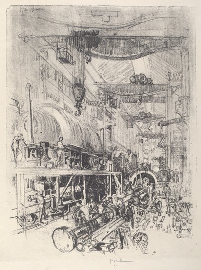Fazendo um motor de turbina, 1917. de Joseph Pennell