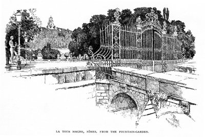 Nimes (Gard, Languedoc): a Torre Magne vista do Jardim da Fontaine em 1888 (gravura) de Joseph Pennell