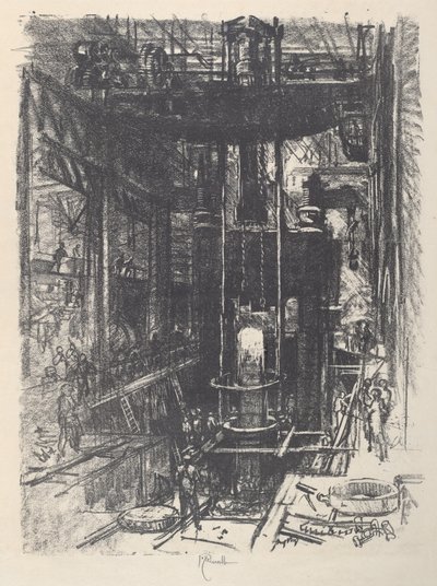 Moldando uma arma de um lingote, 1917. de Joseph Pennell