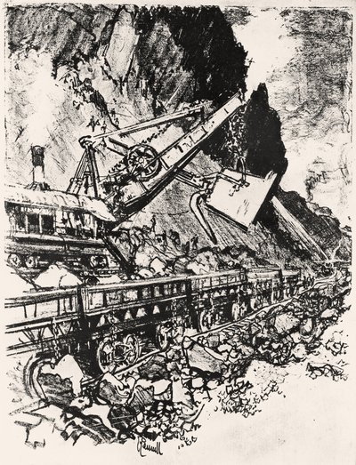 Trabalho com Pá a Vapor: Corte de Culebra, prato XIV do Canal do Panamá por Joseph Pennell, 1912 (carvão sobre papel) de Joseph Pennell
