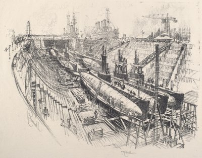 Submarinos em doca seca de Joseph Pennell