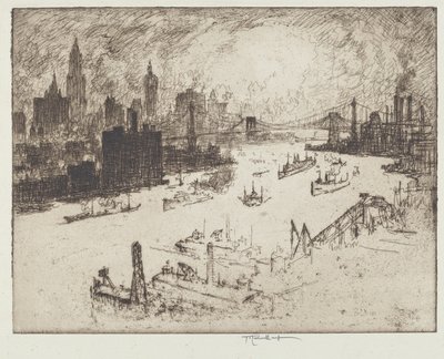 Pôr do sol, da ponte de Williamsburg de Joseph Pennell
