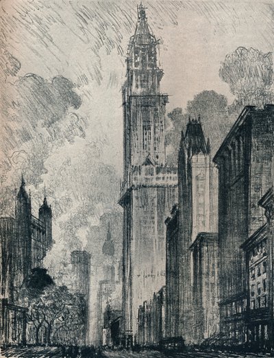 A Broadway e o Edifício Woolworth, Nova York, 1912 de Joseph Pennell