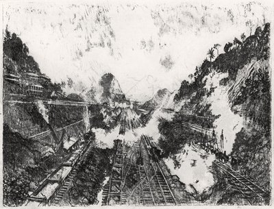 O Corte Olhando para Ancon Hill, placa XVII do Canal do Panamá por Joseph Pennell, 1912 (carvão sobre papel) de Joseph Pennell