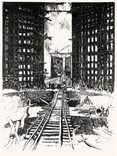 As Portas de Pedro Miguel, prato XIX do Canal do Panamá por Joseph Pennell, 1912 (carvão sobre papel) de Joseph Pennell