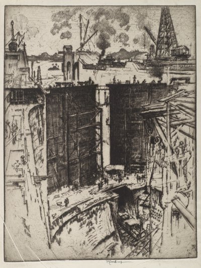 O Portão de Guarda, Gatun Lock, Panamá, 1912 (gravura em papel) de Joseph Pennell