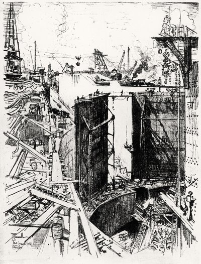 O Portão de Guarda em Gatun, placa V do Canal do Panamá por Joseph Pennell, 1912 (carvão sobre papel) de Joseph Pennell