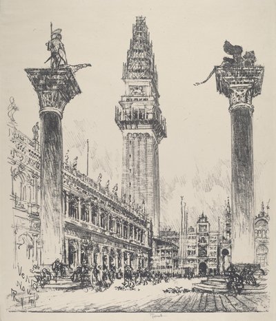 Veneza, Reconstruindo o Campanário, 1911. de Joseph Pennell