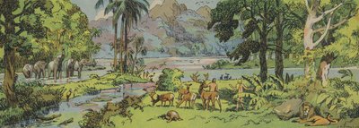 Adão e Eva, O Jardim do Éden (litografia a cores) de Joseph Porphyre Pinchon