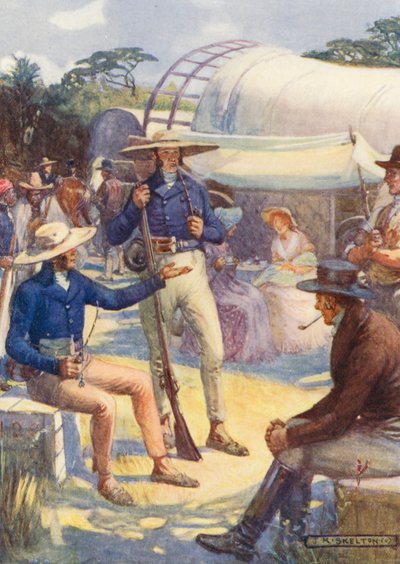1820 Os colonos e os seus comboios bóeres (litografia a cores) de Joseph Ratcliffe (after) Skelton