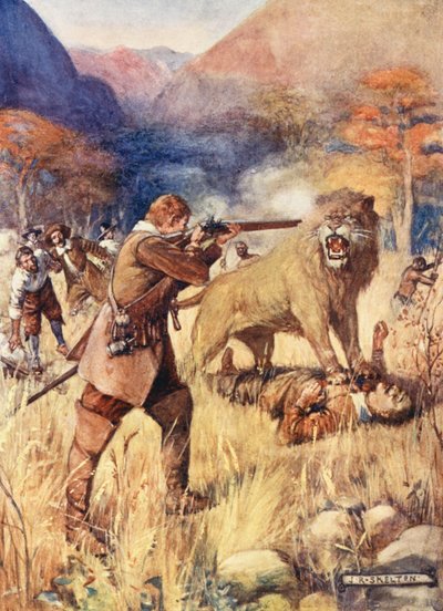 Um grande leão atirou-se a um dos homens (litografia a cores) de Joseph Ratcliffe (after) Skelton