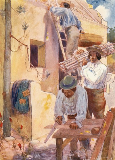 Huguenotes a construir as suas casas (litografia a cores) de Joseph Ratcliffe (after) Skelton