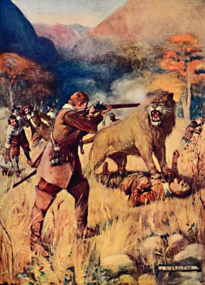 Um grande leão saltou sobre um dos homens, 1909 de Joseph Ratcliffe Skelton