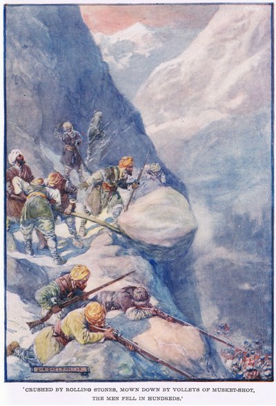 Esmagados por pedras rolantes, derrubados por rajadas de tiro de mosquete, os homens caíram às centenas de Joseph Ratcliffe Skelton