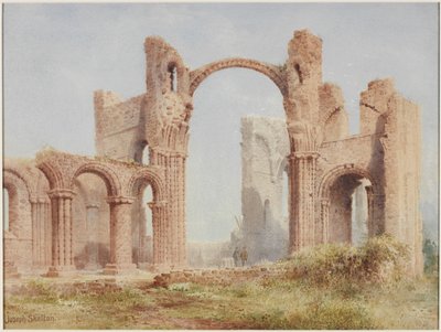 Ruínas do Priorado de Lindisfarne (aquarela, bodycolour e lápis sobre papel) de Joseph Ratcliffe Skelton