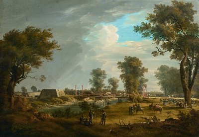 Cena das Guerras Napoleônicas: Ponte no Lobau com infantaria francesa de Joseph Rebell
